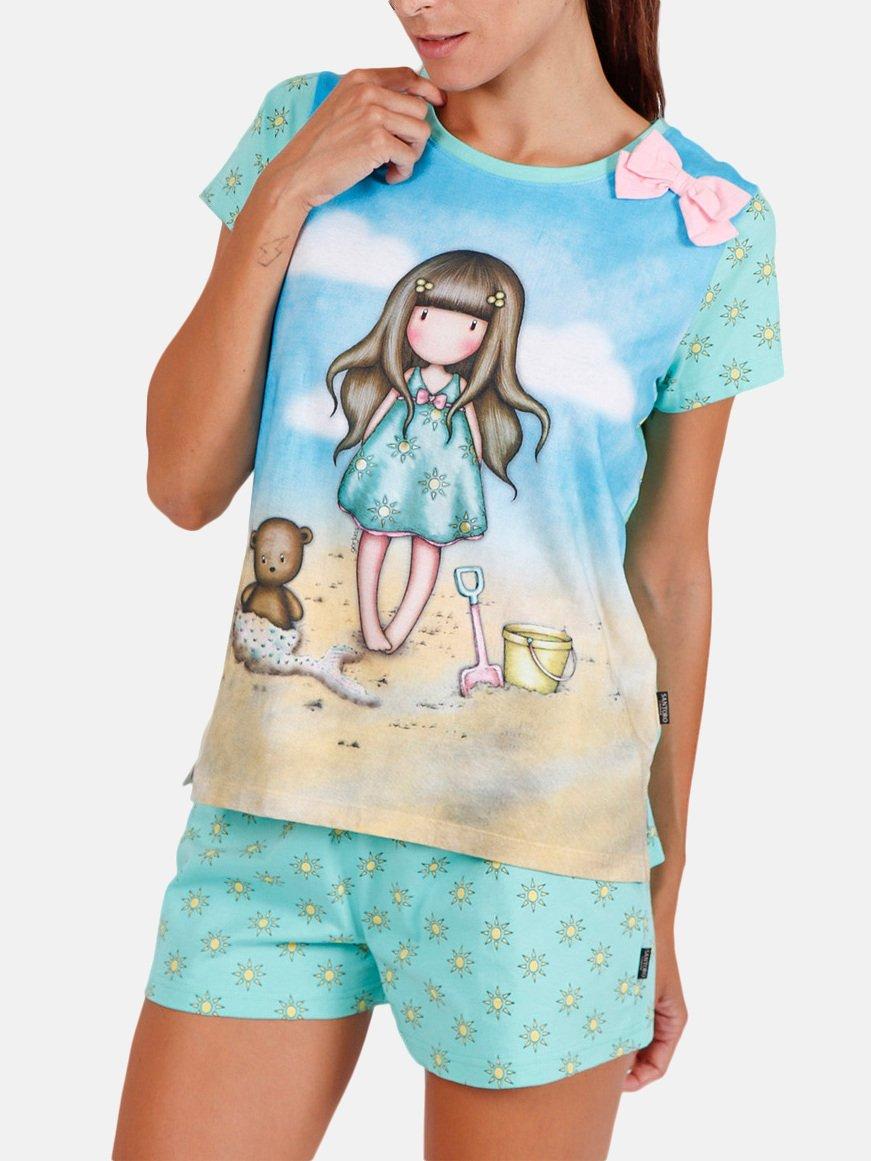 Image of Pyjama-shorts T-shirt Hello Summer Santoro Damen Blau XS