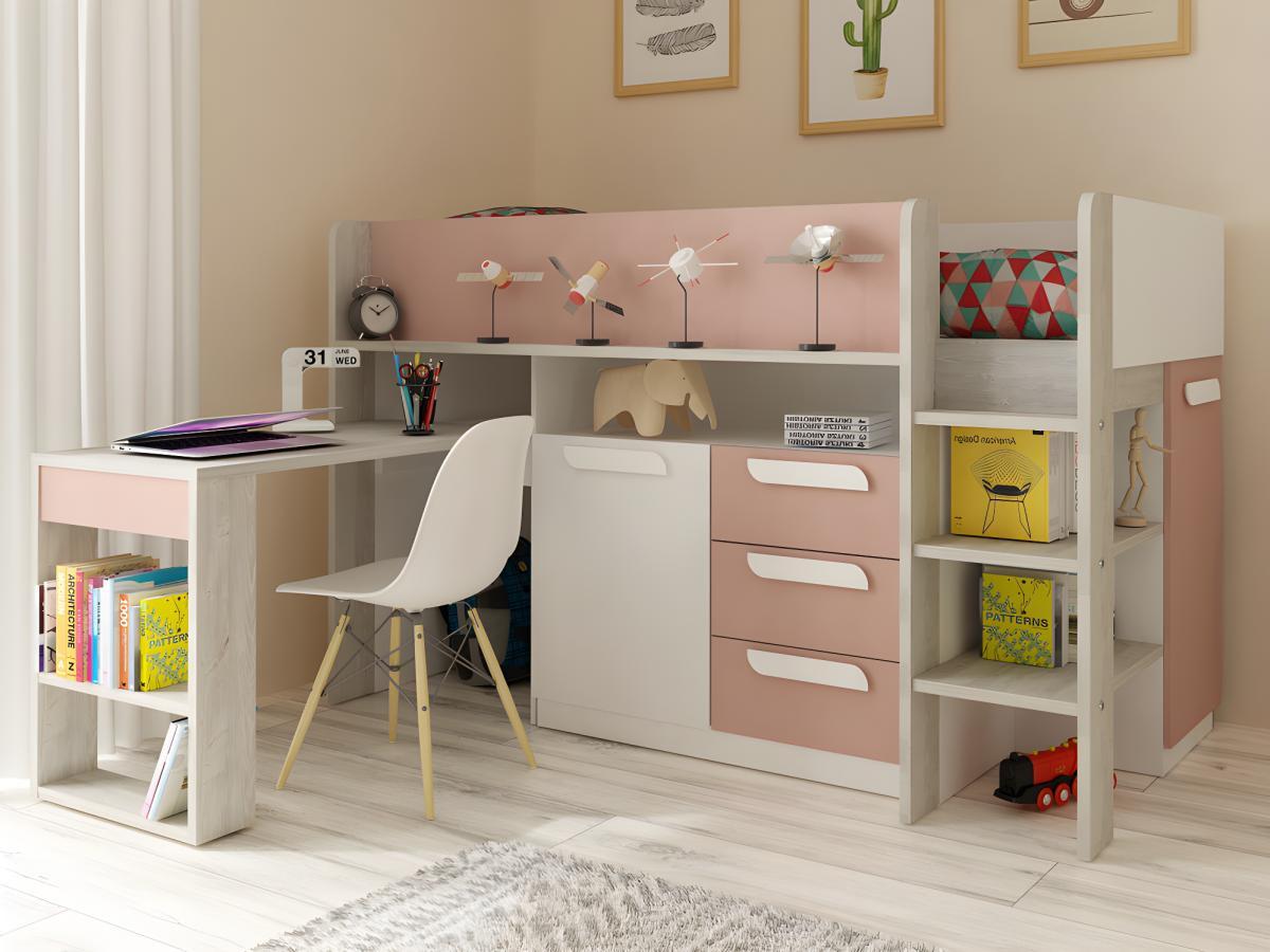 Vente-unique Lit combiné 90 x 200 cm - Avec bureau et rangements - Rose, naturel et blanc + Matelas - LOUKALA  