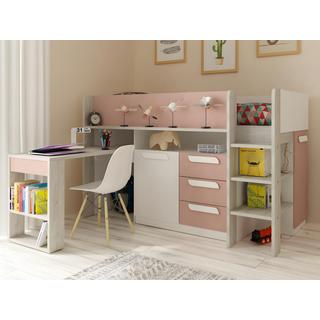 Vente-unique Lit combiné 90 x 200 cm - Avec bureau et rangements - Rose, naturel et blanc + Matelas - LOUKALA  