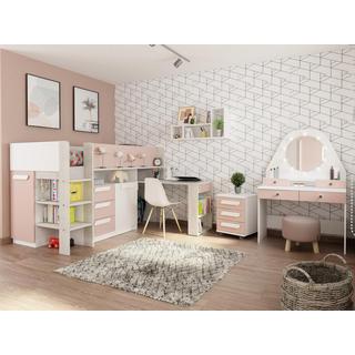 Vente-unique Lit combiné 90 x 200 cm - Avec bureau et rangements - Rose, naturel et blanc + Matelas - LOUKALA  