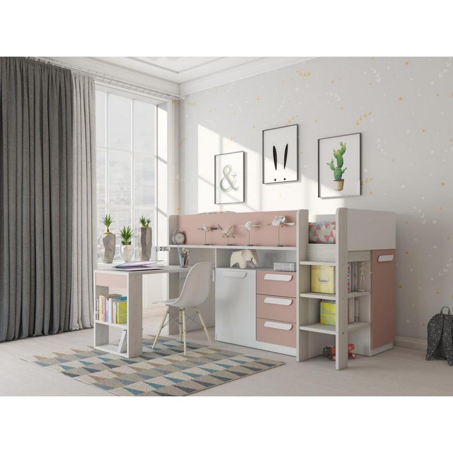 Vente-unique Letto combinato 90 x 200 cm Con scrivania e scomparti Rosa, Naturale e Bianco + Materasso - LOUKALA  