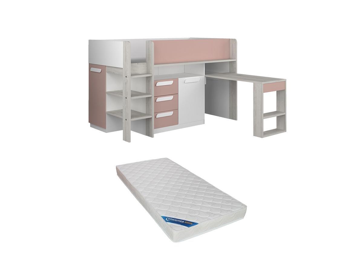 Image of Kombibett mit Matratze - 90 x 200 cm - Mit Schreibtisch & Stauraum - Rosa, Holzfarben & Weiß - LOUKALA Kombibett mit Matratze - 90 x 200 cm - Mit Schreibtisch & Stauraum - Rosa, Holzfarben & Weiß - LOUKALA