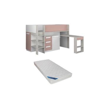 Letto combinato 90 x 200 cm Con scrivania e scomparti Rosa, Naturale e Bianco + Materasso - LOUKALA