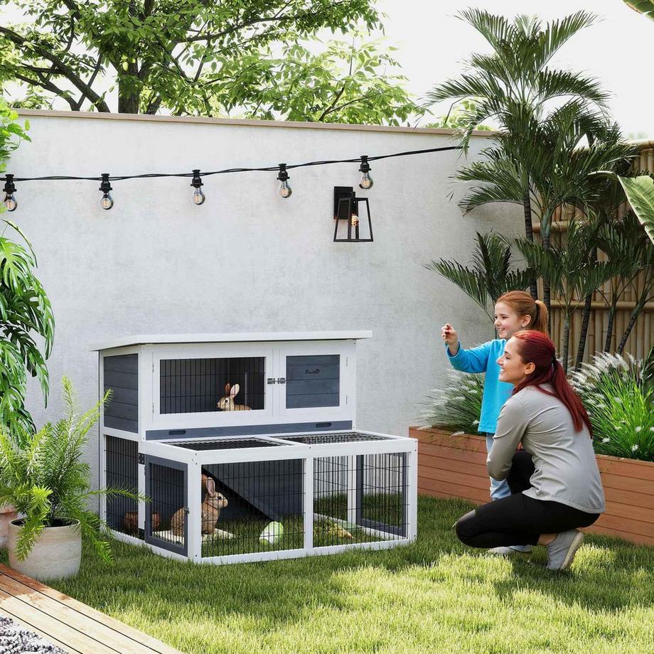 Northio  Hasenstall 2 Ebenen mit klappbar Dach Kaninchenstall aus Vollholz Winterfest Doppelstockhaus mit Freilaufgehege 122x95x93,5 cm Kaninchenkäfig Outdoor Kleintierstall für Hasen Kaninchen Grau Aosom 