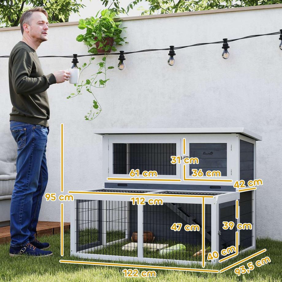 Northio  Hasenstall 2 Ebenen mit klappbar Dach Kaninchenstall aus Vollholz Winterfest Doppelstockhaus mit Freilaufgehege 122x95x93,5 cm Kaninchenkäfig Outdoor Kleintierstall für Hasen Kaninchen Grau Aosom 