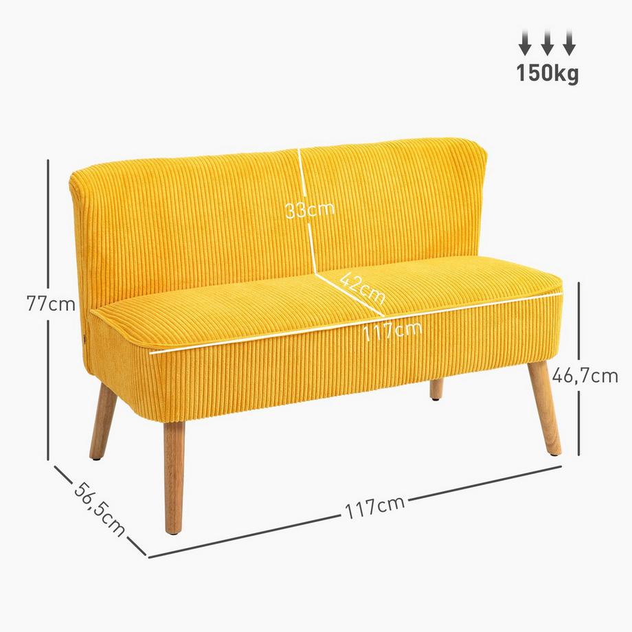 Northio 2-Sitzer Sofa Polstersofa Doppelsofa Zweisitzer Sofa Cordartiges Polyester Schaumstoff für Wohnzimmer, Schlafzimmer 117 x 56,5 x 77 cm Gelb  