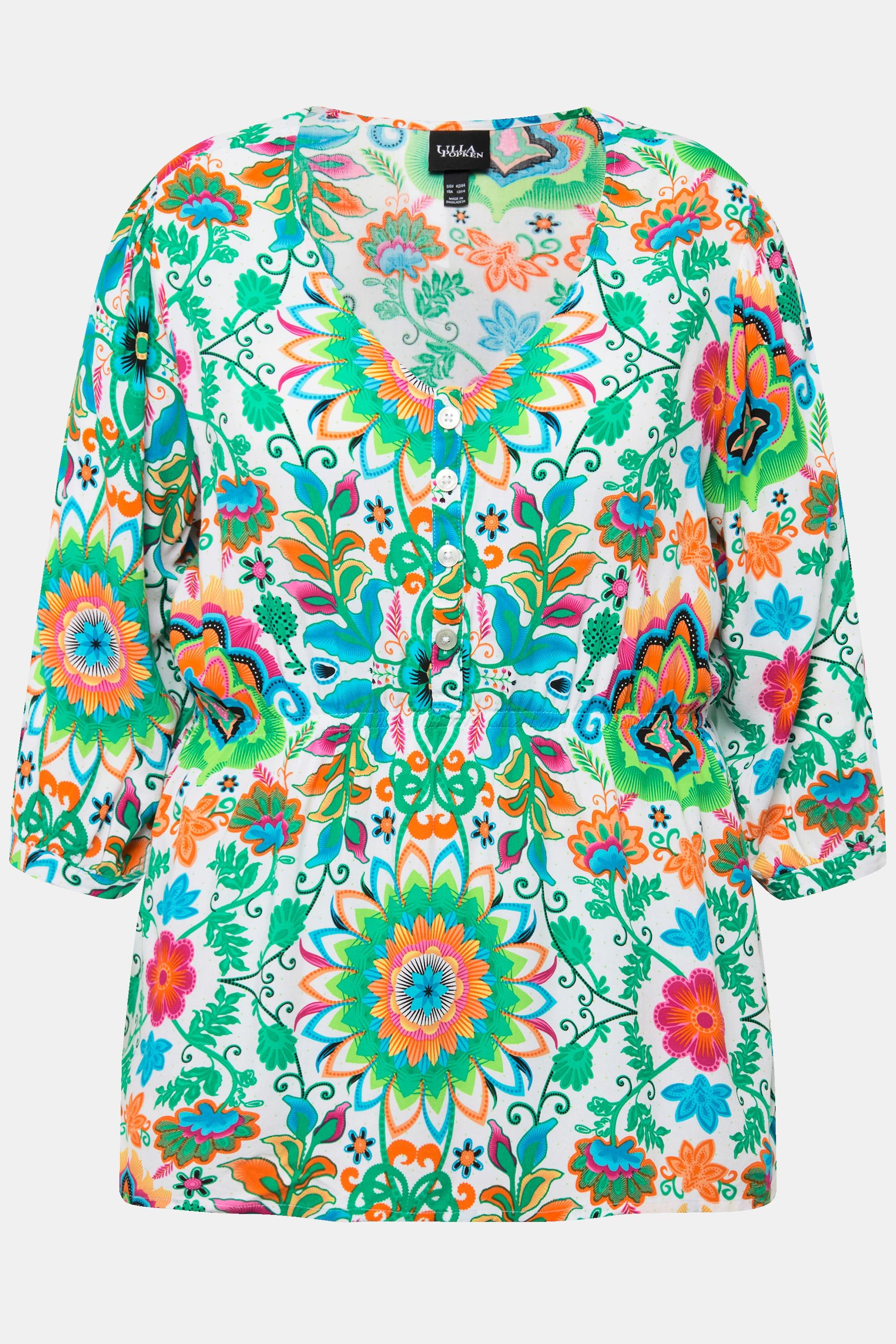 Ulla Popken  Blusa dal taglio svasato con fiori, scollo a V e maniche a 3/4 