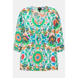 Ulla Popken  Bluse, Blüten, A-Linie, V-Ausschnitt, 3/4-Arm 