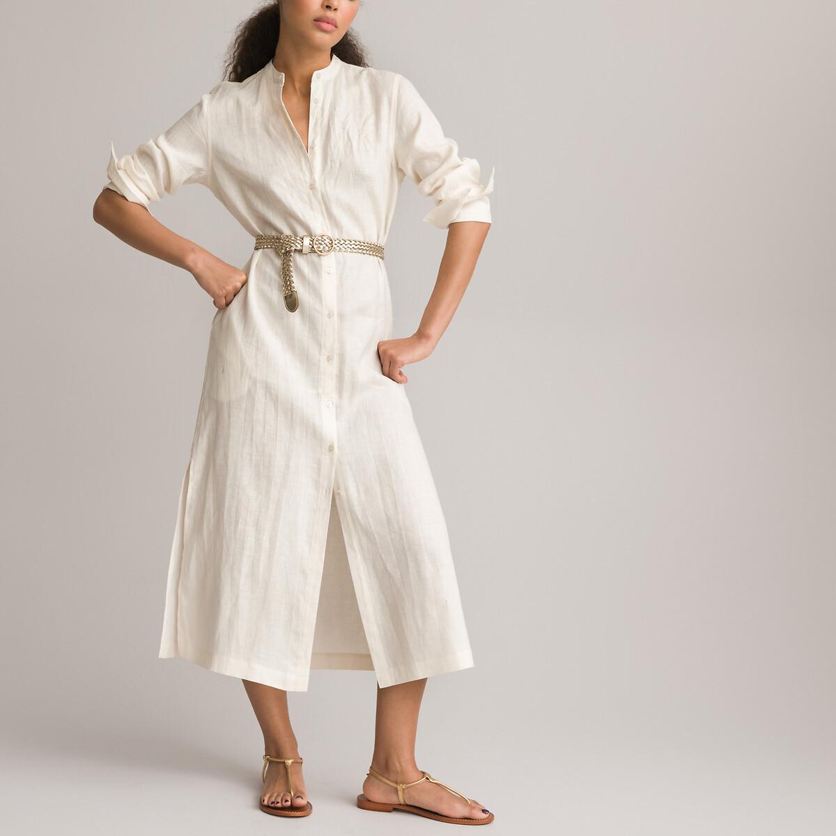 Image of Langärmeliges Maxikleid Aus Leinen Damen Weiss 36