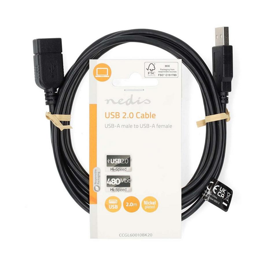 Nedis  Câble USB | USB 2.0 | USB-A mâle | USB-A femelle | 480 Mbps | Nickelé | 2.00 m | Rond | PVC | Noir | Etiquette 