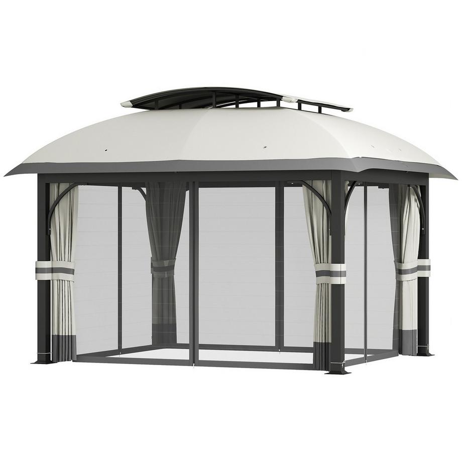 Pavillon mit Doppeldach, 4x3,3 m Wasserabweisend Stabil Winterfest Gartenpavillon mit Moskitonetz, Seitenteile, Garten-Pavillon aus verzinktem Metall, für Garten, Terrasse, Hellgrau Aosom