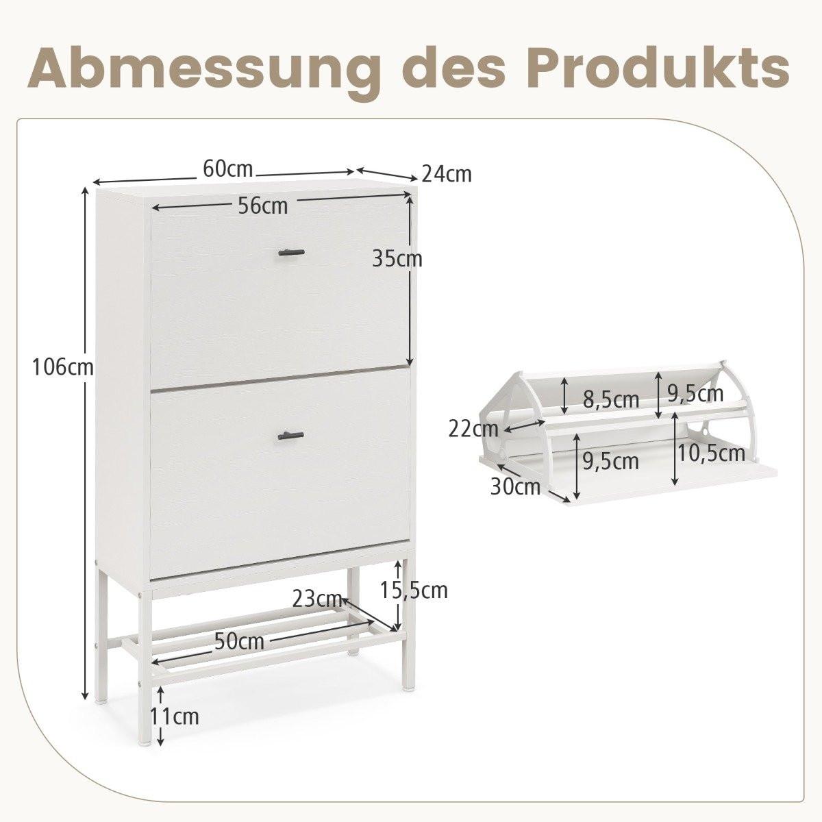 Northix Schuhschrank mit 2 Klappen & 4 Ablageflächen & Offenem Regal Schuhkipper Schuhregal Weiß  