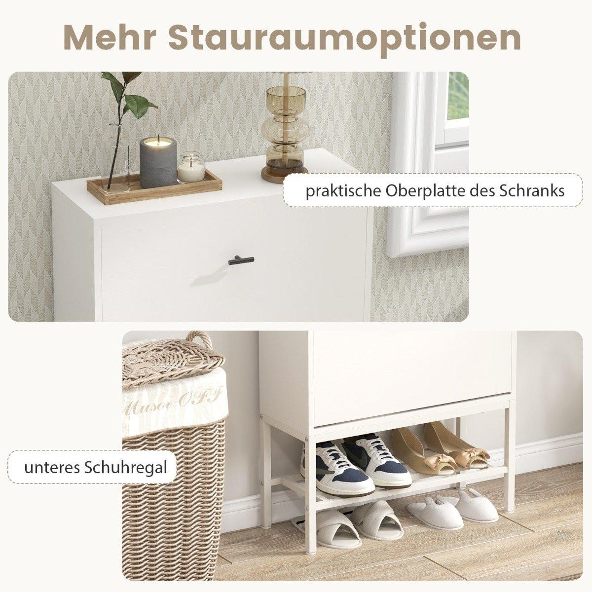 Northix Schuhschrank mit 2 Klappen & 4 Ablageflächen & Offenem Regal Schuhkipper Schuhregal Weiß  