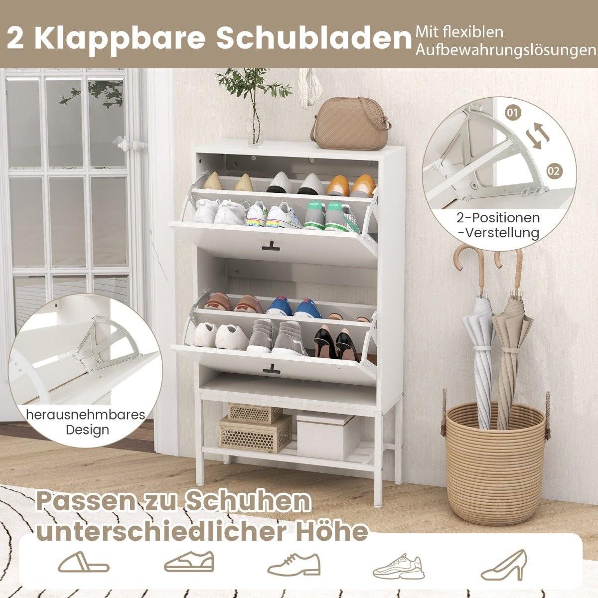 Northix Schuhschrank mit 2 Klappen & 4 Ablageflächen & Offenem Regal Schuhkipper Schuhregal Weiß  