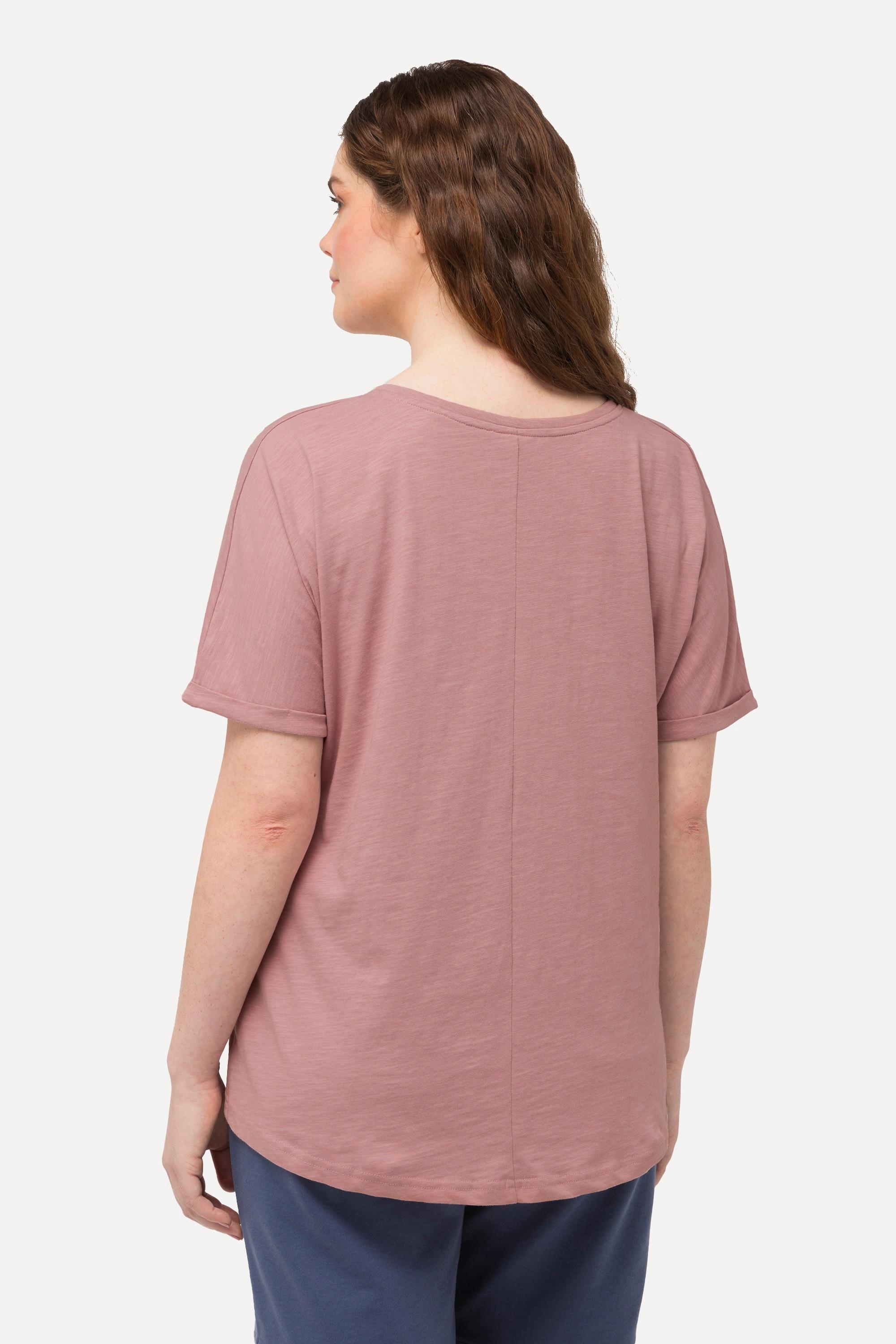 Ulla Popken  T-shirt con stampa floccata, scollo a V, mezze maniche e cotone biologico 