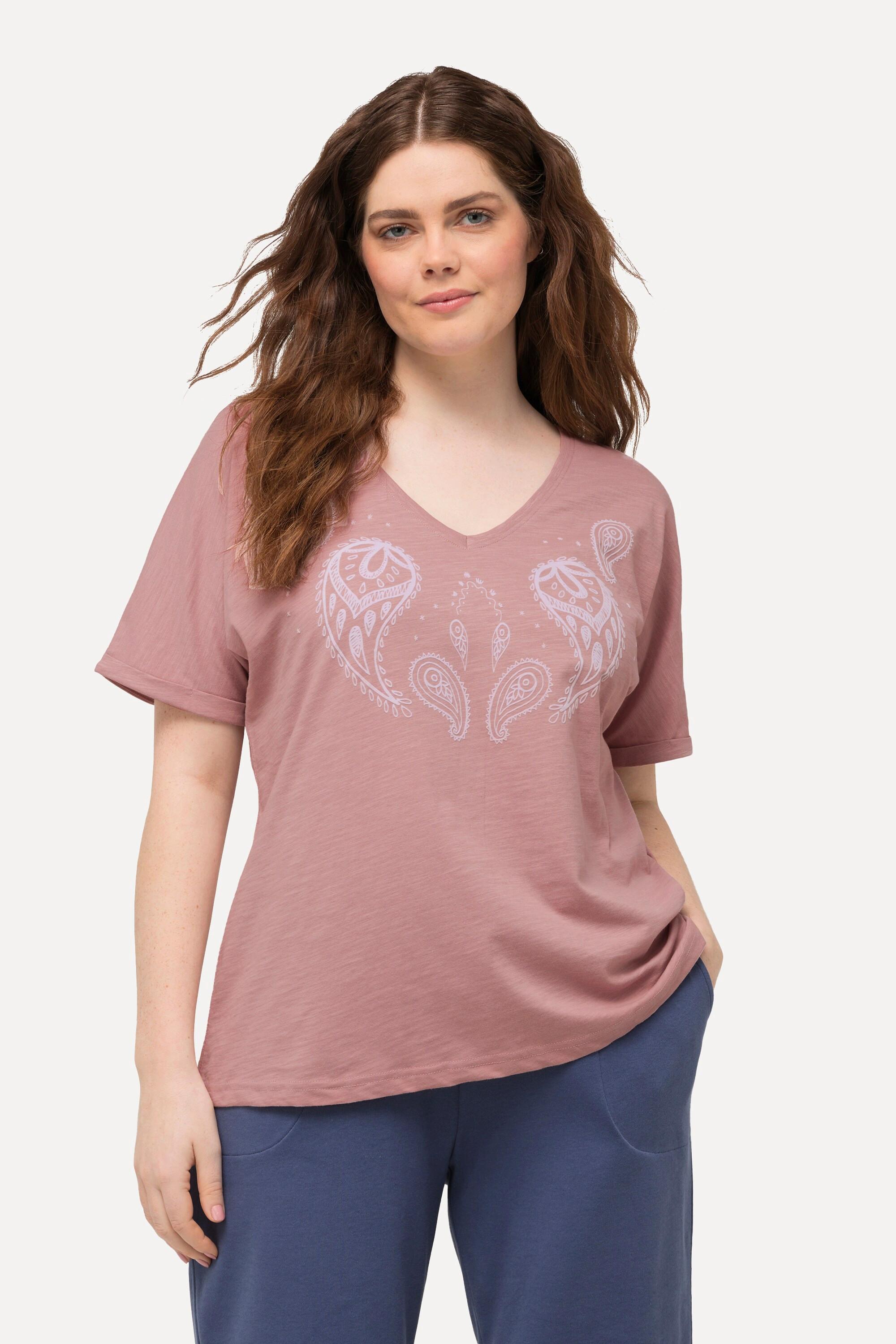 Ulla Popken  T-shirt con stampa floccata, scollo a V, mezze maniche e cotone biologico 