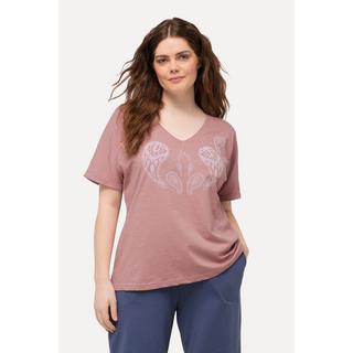 Ulla Popken  T-shirt con stampa floccata, scollo a V, mezze maniche e cotone biologico 