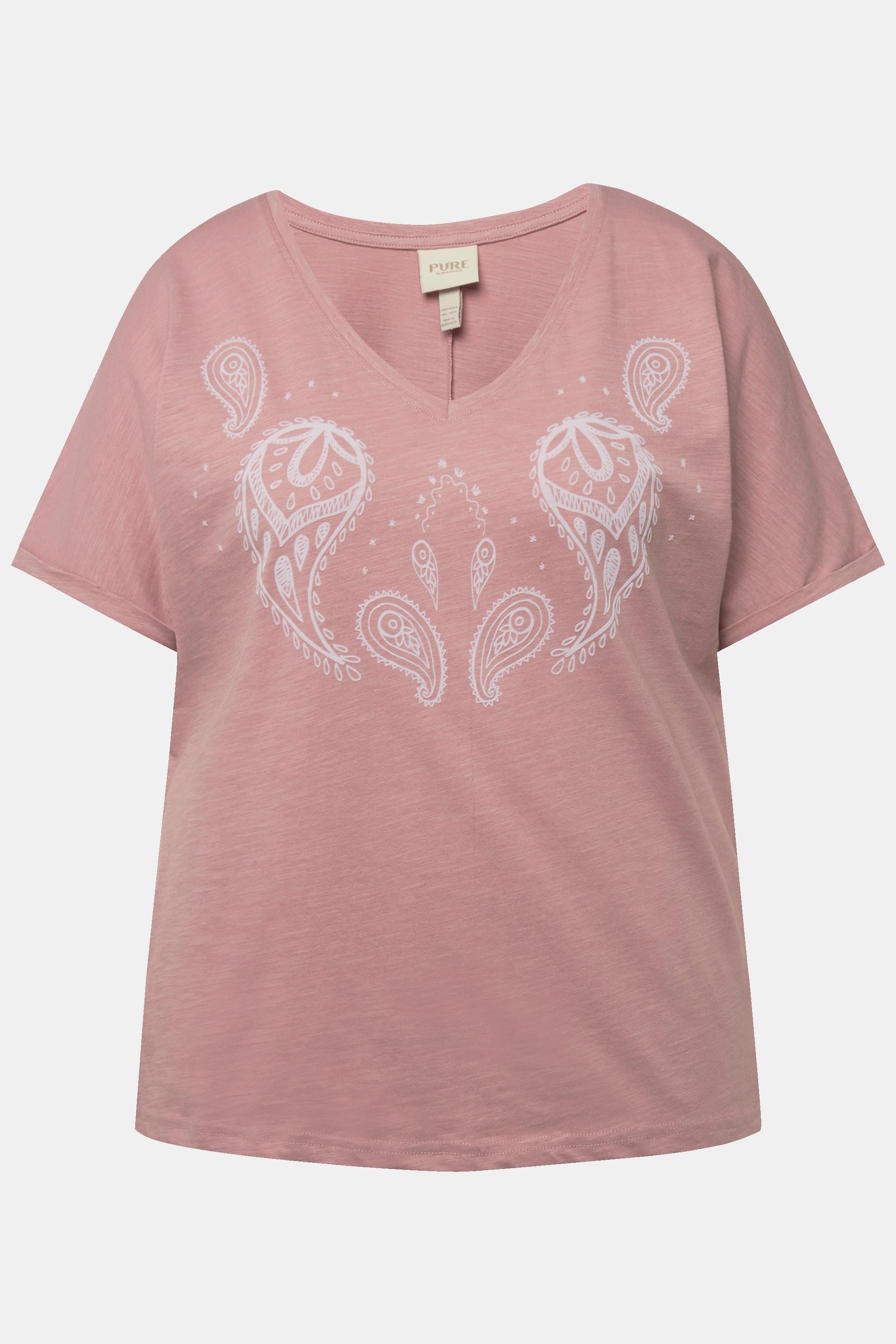 Ulla Popken  T-shirt con stampa floccata, scollo a V, mezze maniche e cotone biologico 