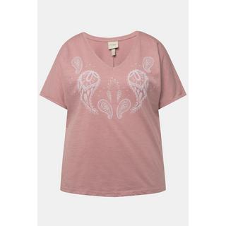 Ulla Popken  T-shirt con stampa floccata, scollo a V, mezze maniche e cotone biologico 