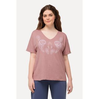 Ulla Popken  T-shirt con stampa floccata, scollo a V, mezze maniche e cotone biologico 