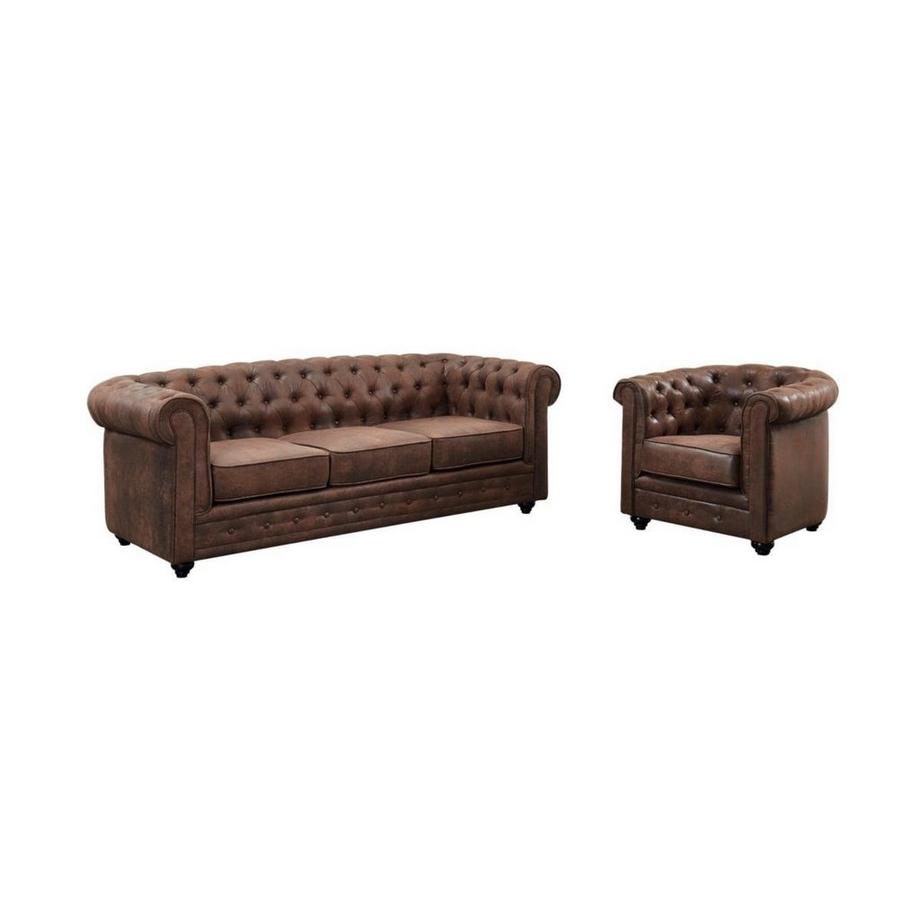Canapé 3 places fauteuil CHESTERFIELD en microfibre aspect cuir vieilli