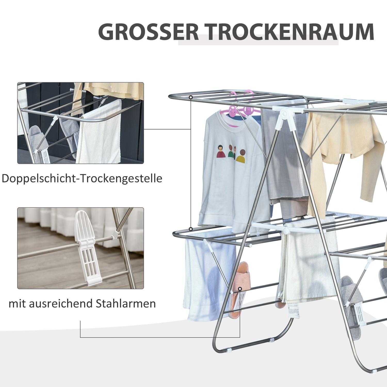 Northio Wäscheständer faltbar 3-stufig Flügeltrockner Edelstahl Kunststoff Silber/Weiß 138x60,5x112cm  