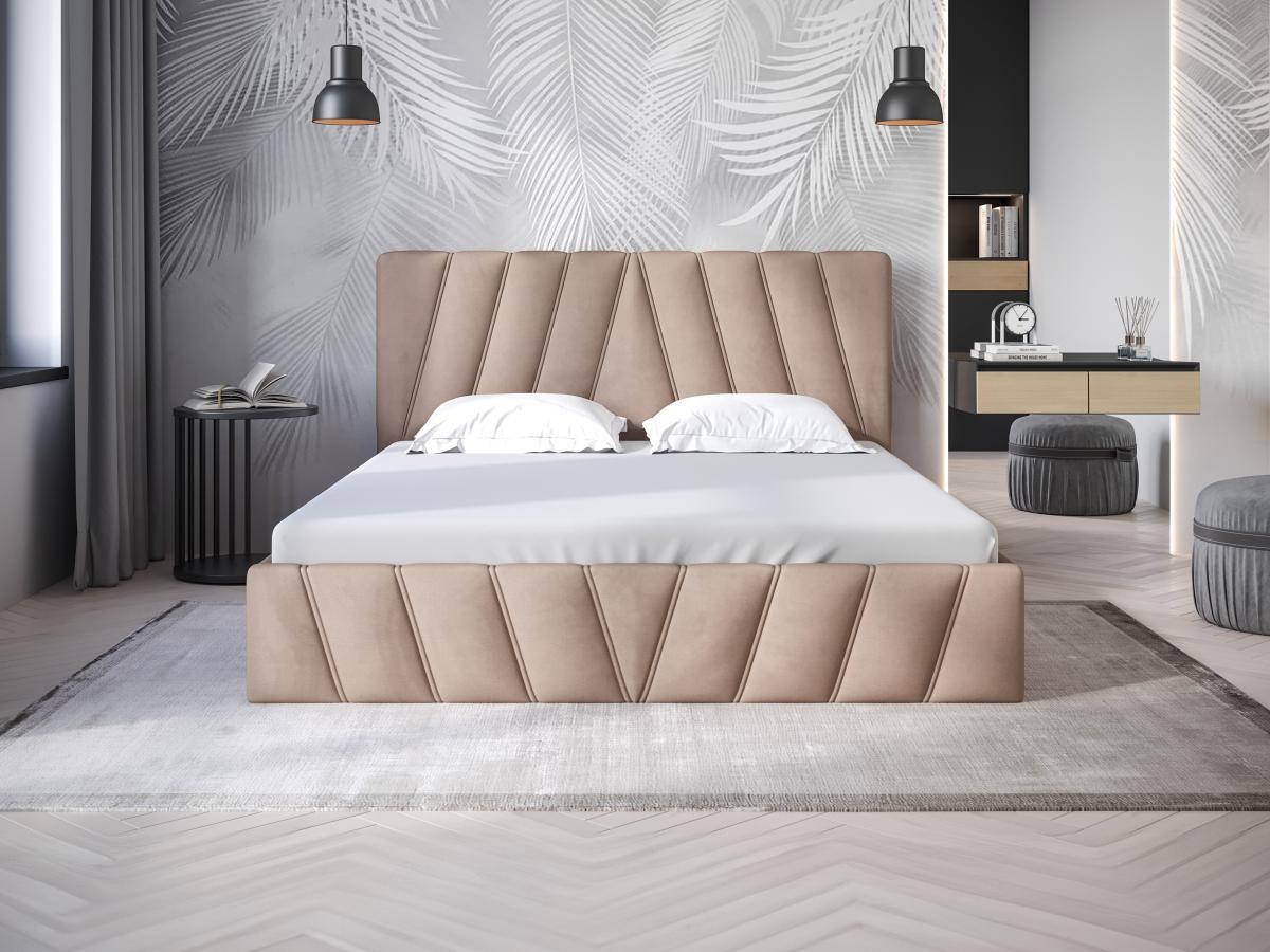 PASCAL MORABITO Lit coffre 160 x 200 cm - Velours - Beige + Matelas - LIDAMA de Pascal Morabito  