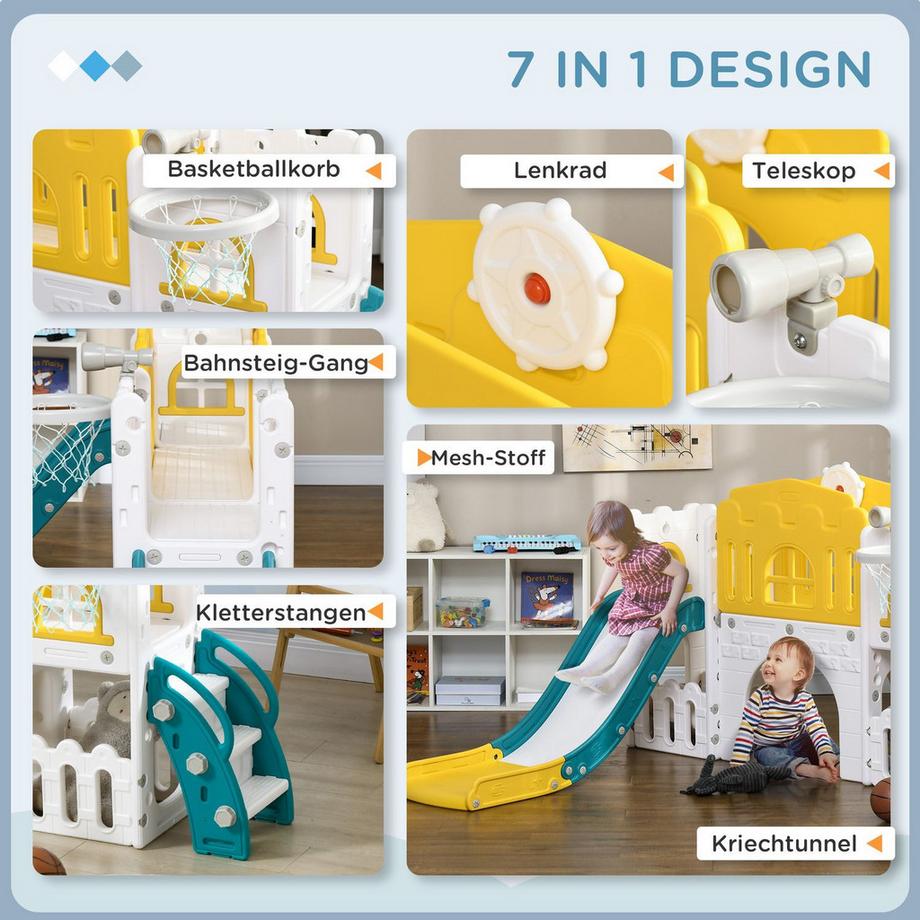 Northio  Toboggan pour enfants 7 en 1, toboggan pour tout-petits avec panier de basket, portique d'escalade, télescope, tunnel, volant, plateforme de marche, panier de rangement, aire de jeux pour enfants de 1 à 3 ans 