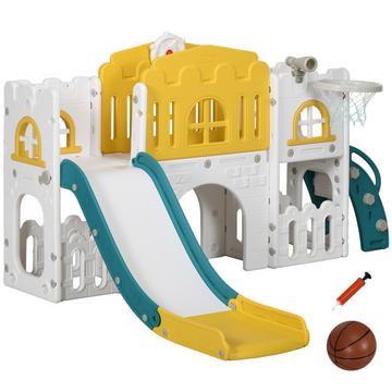 Scivolo per bambini 7 in 1, scivolo per bambini con canestro da basket, struttura per arrampicata, telescopio, tunnel, volante, passerella con piattaforma, cestino portaoggetti, parco giochi per bambini da 1 a 3 anni