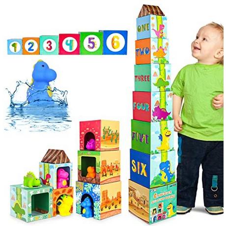 Activity-board  Jouets, jouets de motricité, cube empilable et tour empilable contenant des jouets de dinosaure, des jouets de bain 