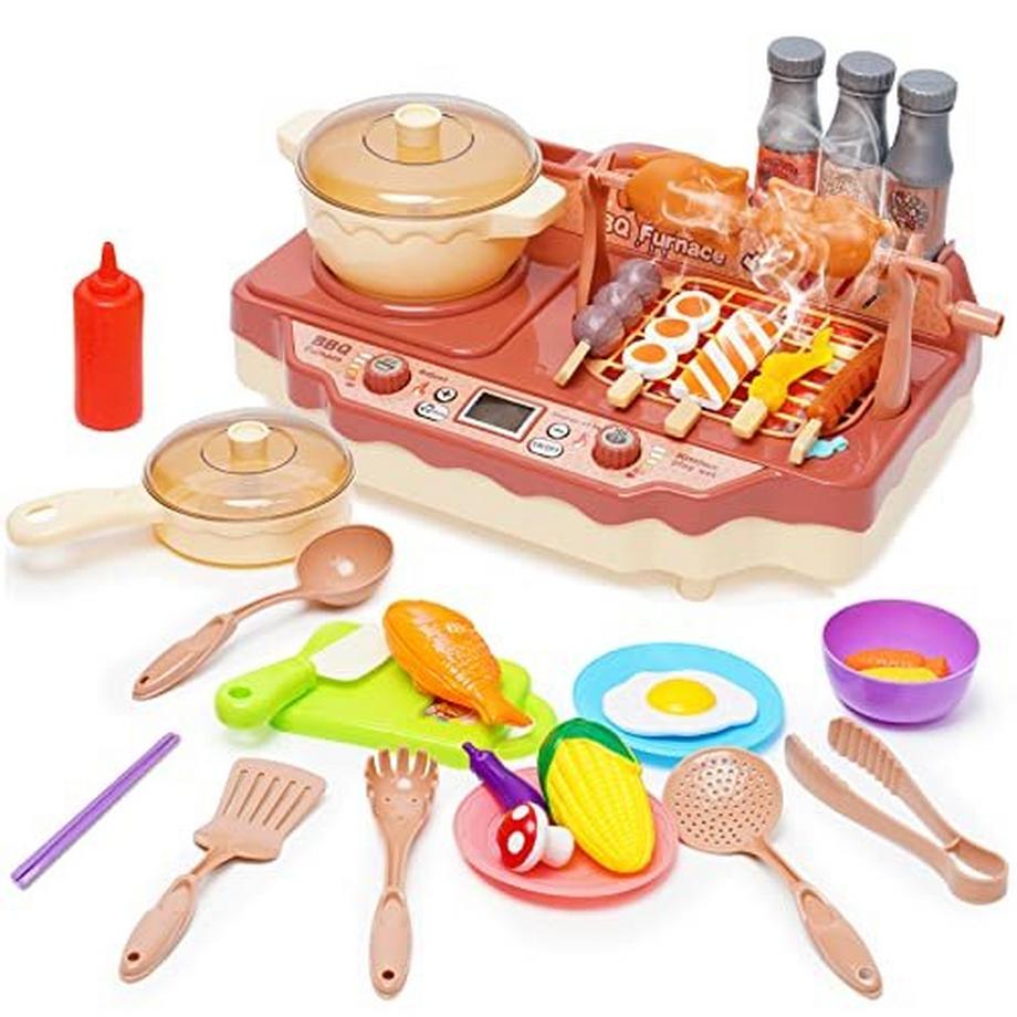 Kinder Spiel Grill - Grill Küche Spielzeug Kochen Spiel Set mit realistischen Spray Licht Sound Spielzeug ierenden Grill für Kleinkinder: