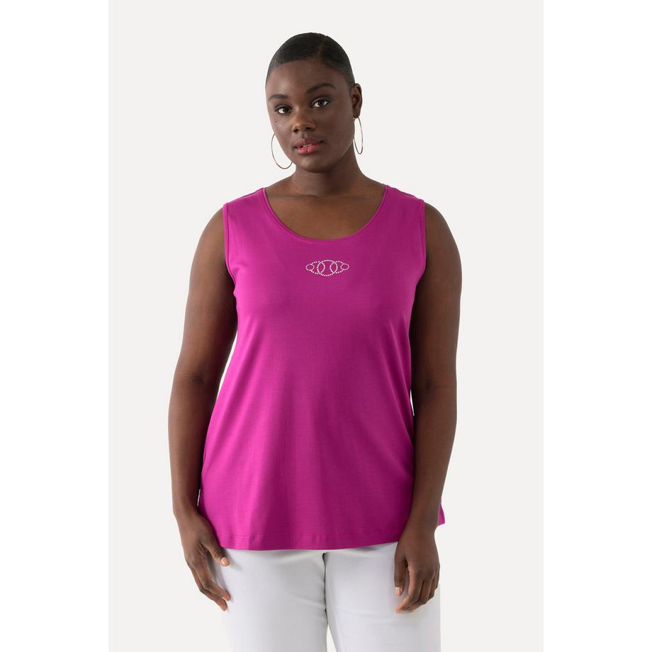 Ulla Popken Débardeur Slim sans Manches Col Rond en Coton Pima avec Pierres Décoratives  