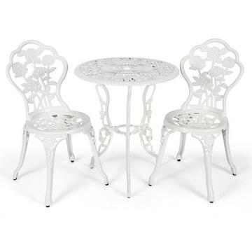 3 pièces. Salon de jardin et balcon avec 2 chaises et table en fonte d'aluminium et fonte blanche