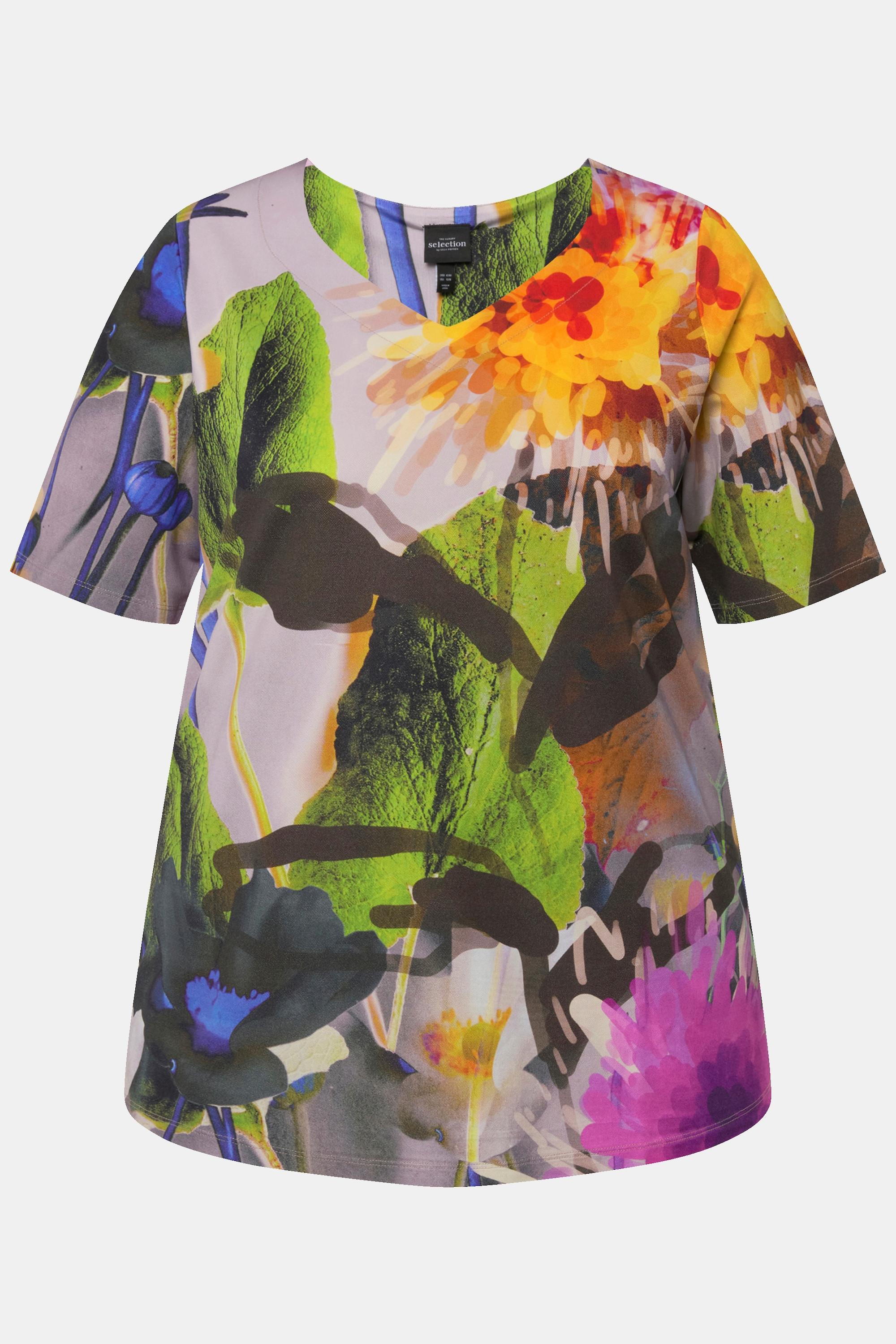 Ulla Popken  Slinkyshirt, Blüten, Herzausschnitt, Halbarm 