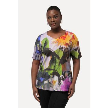 T-shirt floral en tissu fluide slinky à col en forme de cœur et manches courtes