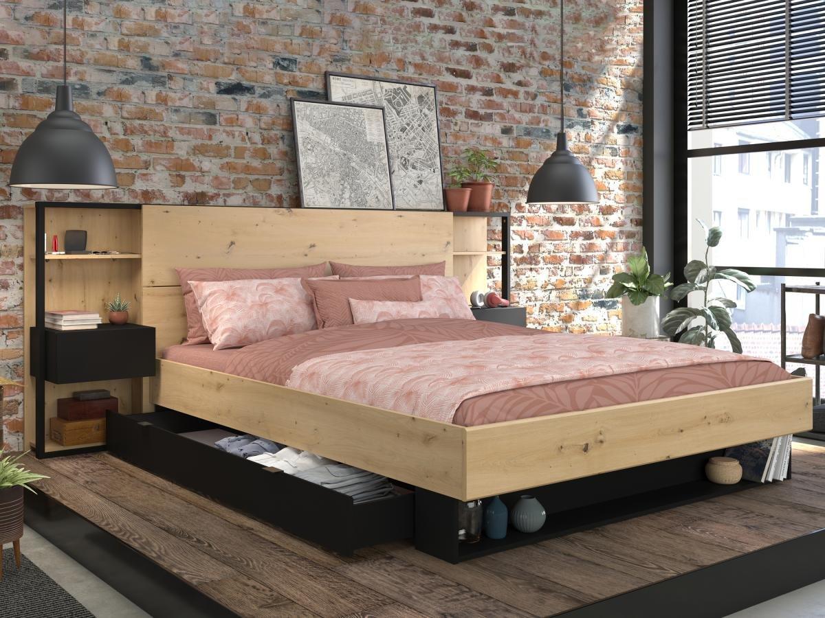 Vente-unique Letto con comodini e scomparti 160 x 200 cm Naturale e Nero - MISTA  