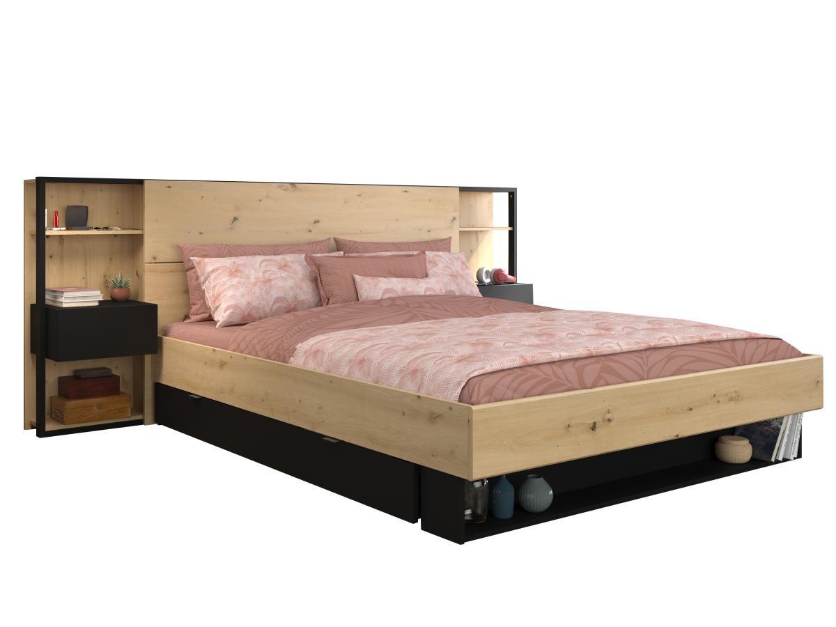 Image of Bett mit intregierten Nachttischen & Stauraum - 160 x 200 cm - Naturfarben & Schwarz - MISTA Bett mit intregierten Nachttischen & Stauraum - 160 x 200 cm - Naturfarben & Schwarz - MISTA
