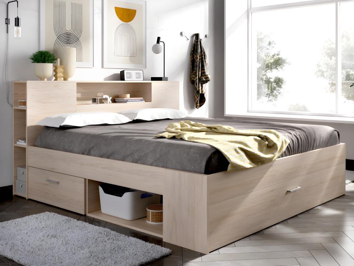 Vente-unique Bett mit Stauraum & Schubladen + Lattenrost - 140 x 190 cm - Naturfarben - LEANDRE  