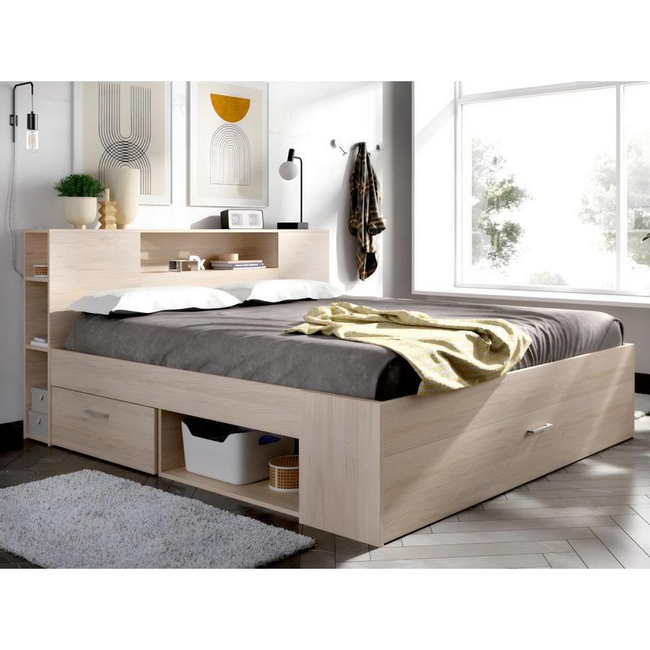 Vente-unique Letto con testata con vani portaoggetti e cassetti 140 x 190 cm: Naturale + Rete LEANDRE  