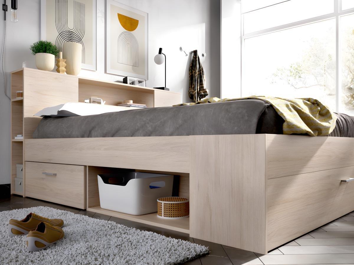 Vente-unique Bett mit Stauraum & Schubladen + Lattenrost - 140 x 190 cm - Naturfarben - LEANDRE  