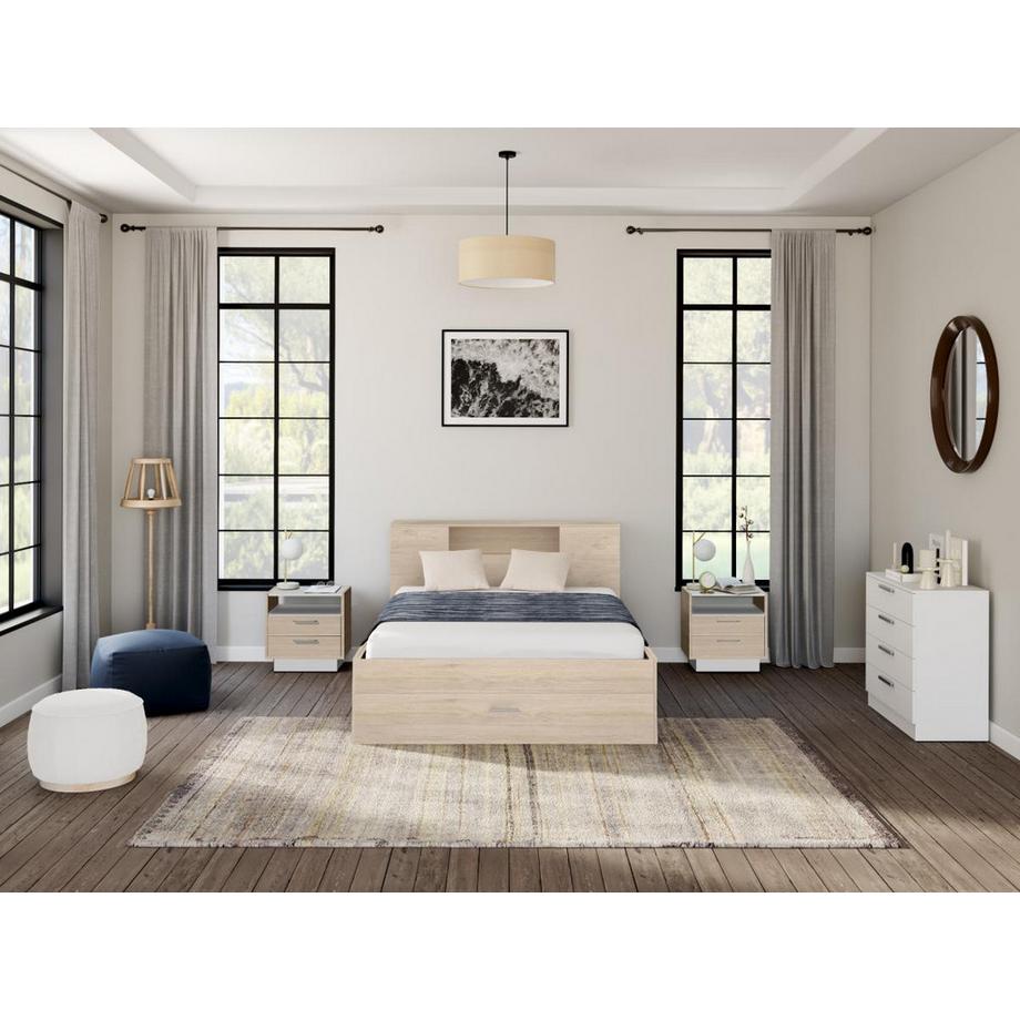 Vente-unique Letto con testata con vani portaoggetti e cassetti 140 x 190 cm: Naturale + Rete LEANDRE  