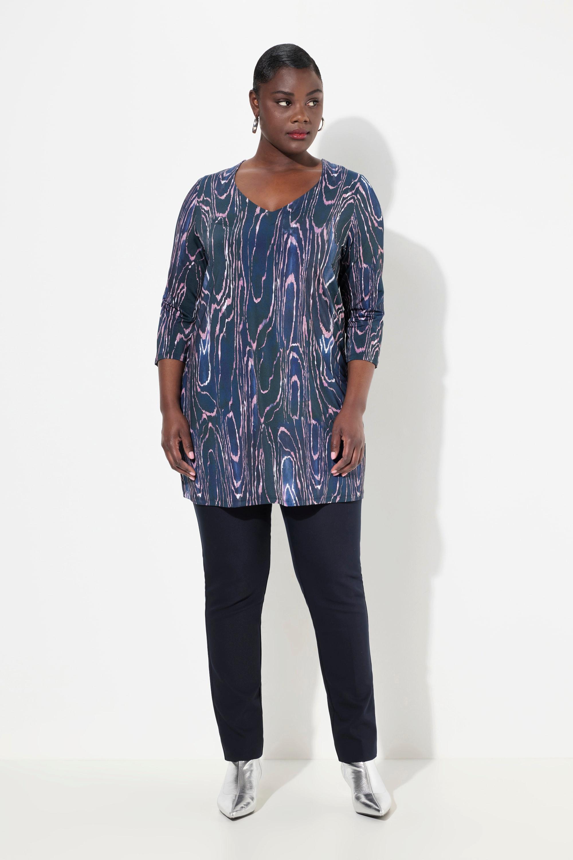 Ulla Popken  Slinky-Longshirt, Marmor-Design, V-Ausschnitt, 3/4-Arm 