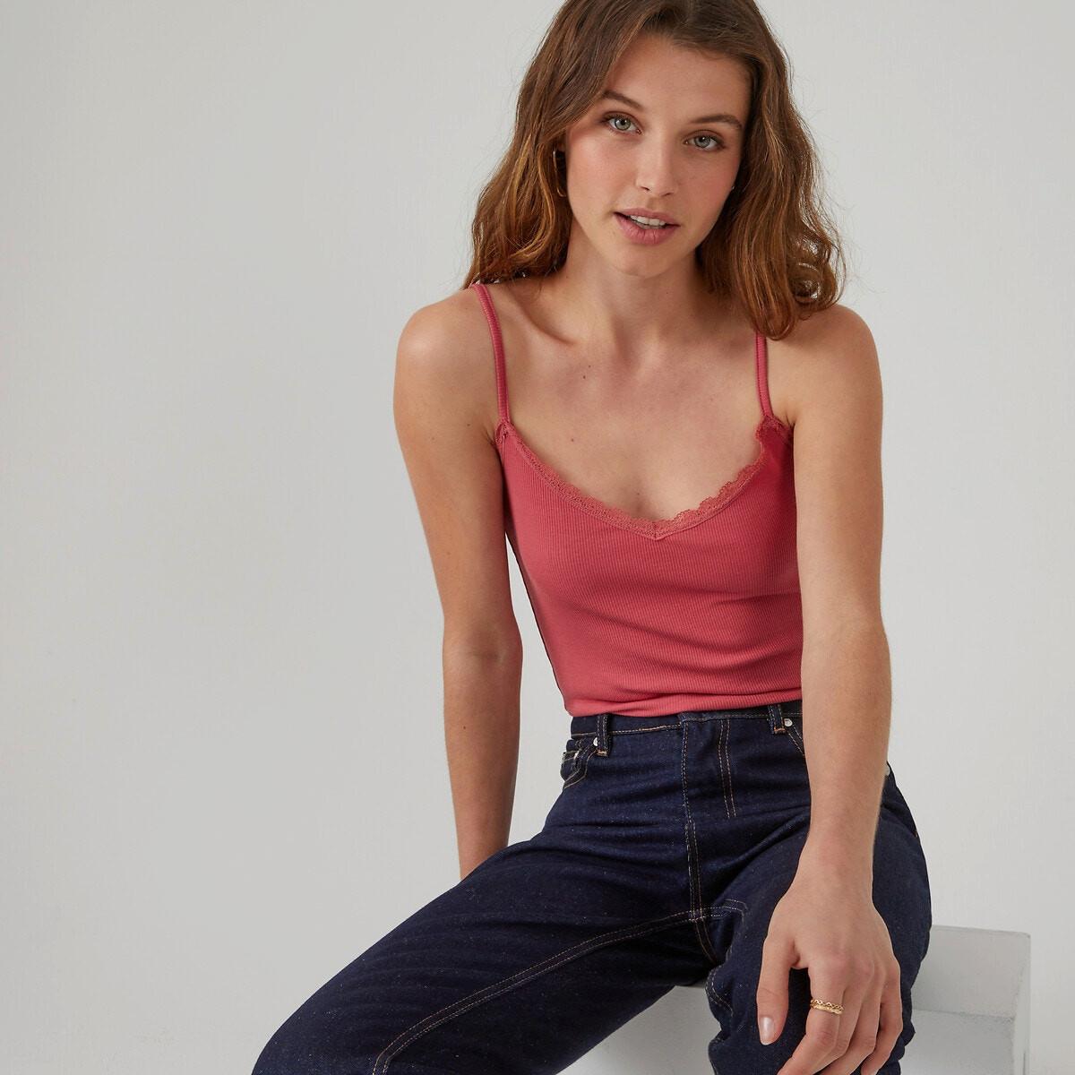 Image of Top Mit Schmalen Trägern Und Spitze Damen Rosa M