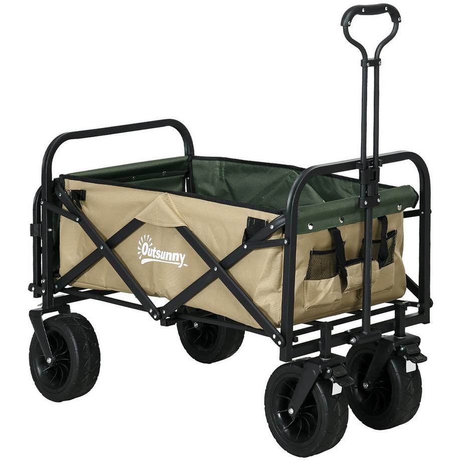 Bollerwagen Klappbarer Lastenwagen Mit Griff, Strandwagen, Gartenwagen Mit Tragetasche, Bis 100 Kg Belastbar, Oxford, Khaki