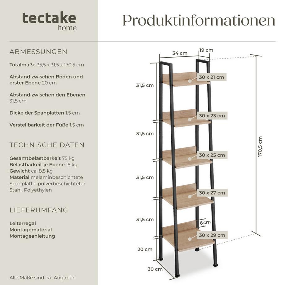 Tectake Leiterregal Folkestone Industrial Style Holz und Stahl  