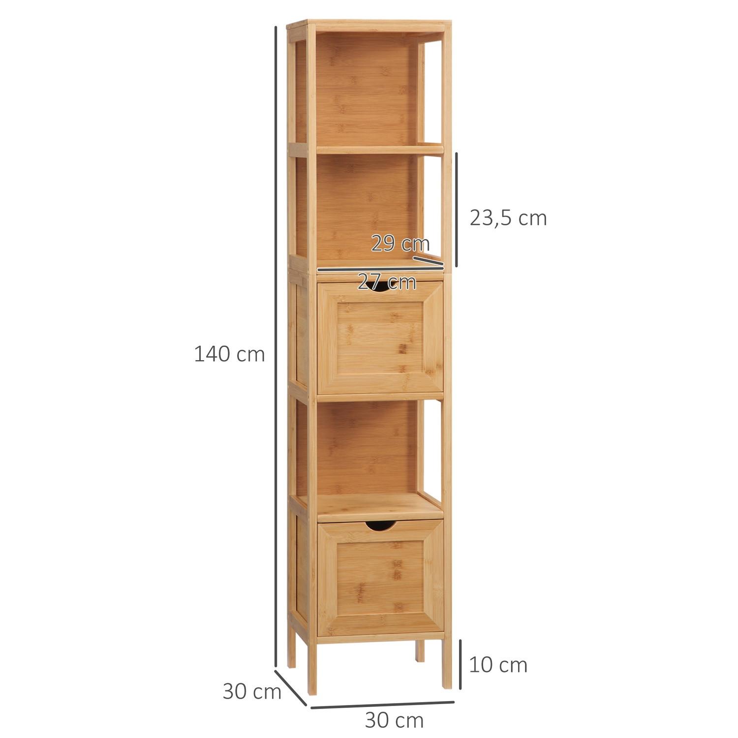 Northio Armoire De Salle De Bain, Armoire Haute En Bambou Avec 3 Étagères Et 2 Tiroirs, Anti-Basculement, Armoire Polyvalente, Armoire Latérale  