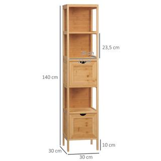 Northio Armoire De Salle De Bain, Armoire Haute En Bambou Avec 3 Étagères Et 2 Tiroirs, Anti-Basculement, Armoire Polyvalente, Armoire Latérale  