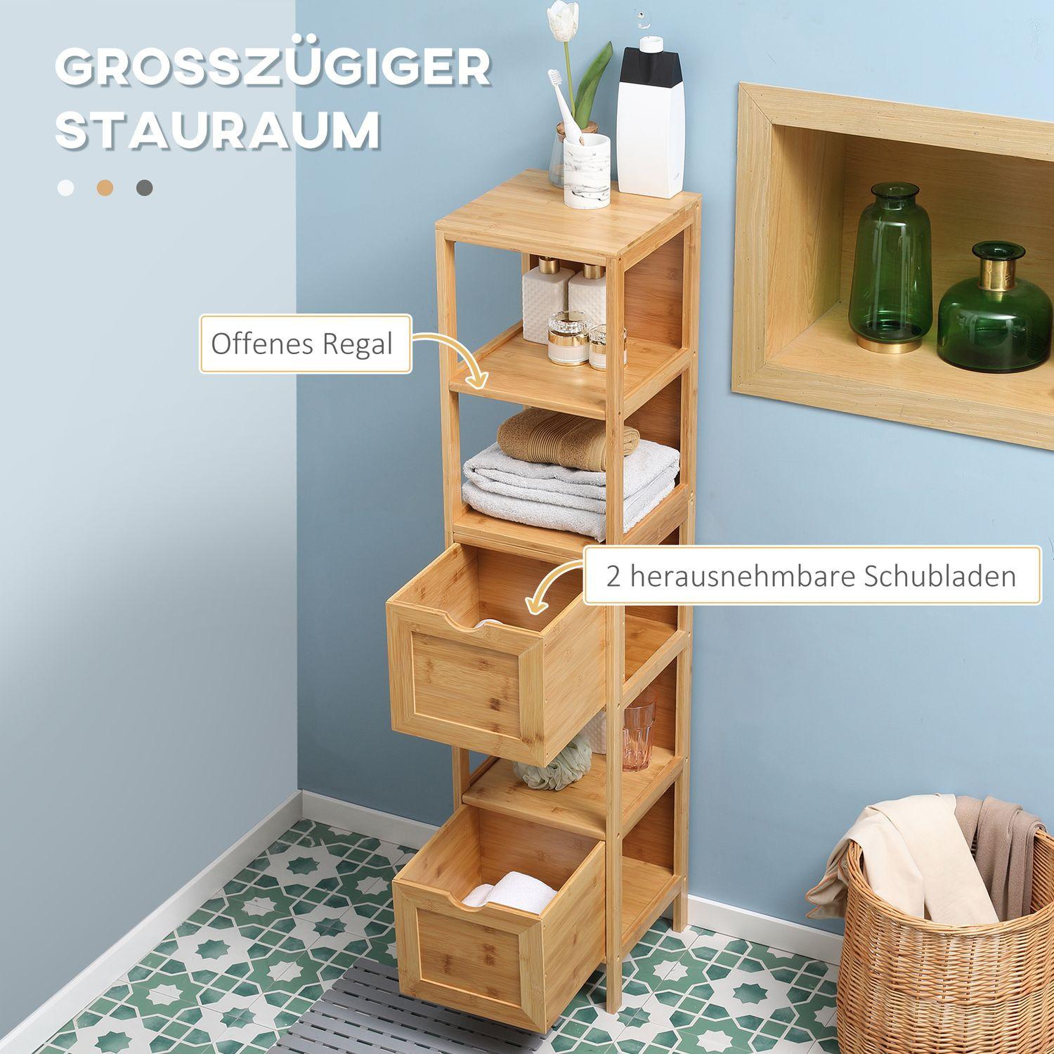 Northio Armoire De Salle De Bain, Armoire Haute En Bambou Avec 3 Étagères Et 2 Tiroirs, Anti-Basculement, Armoire Polyvalente, Armoire Latérale  