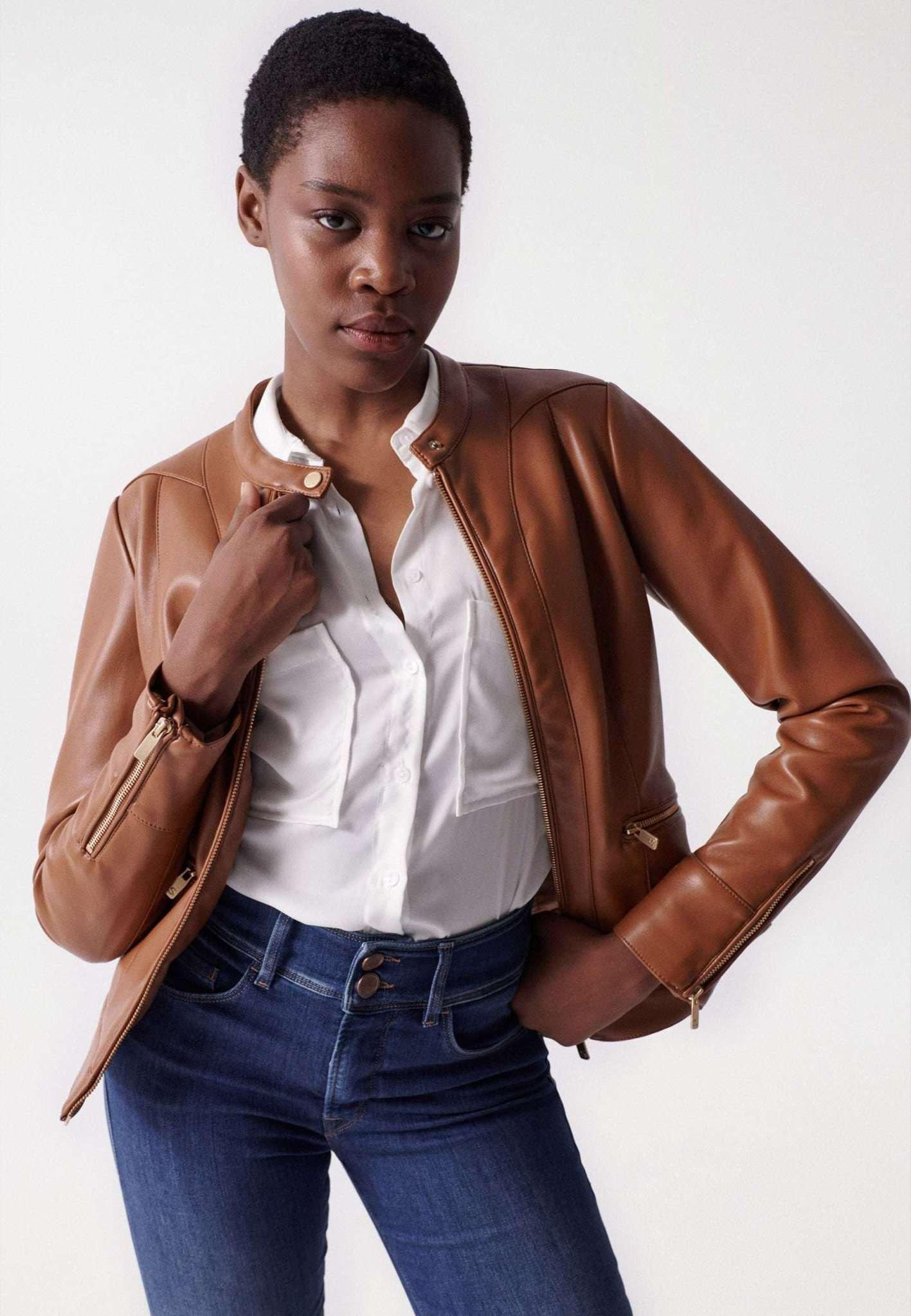 Image of Jacken Basic Faux Leather Jacket Unisex Braun L