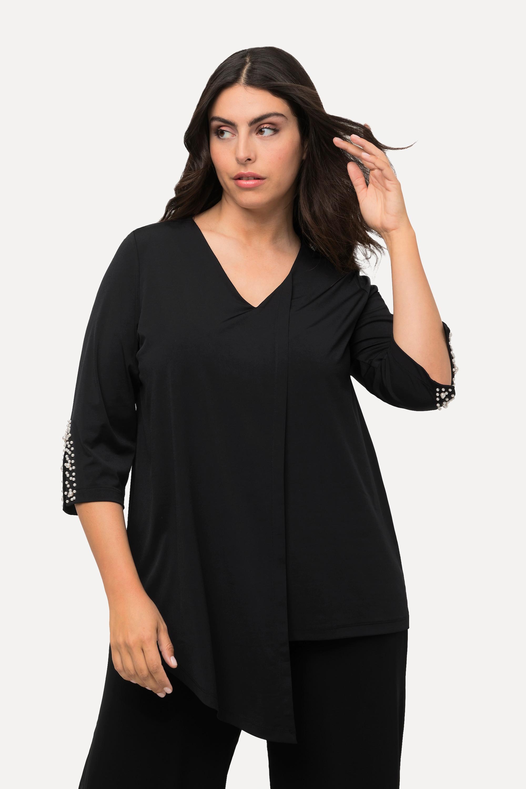 Ulla Popken  Blusa dal taglio svasato con pieghe, perline, scollo a V e maniche a 3/4 